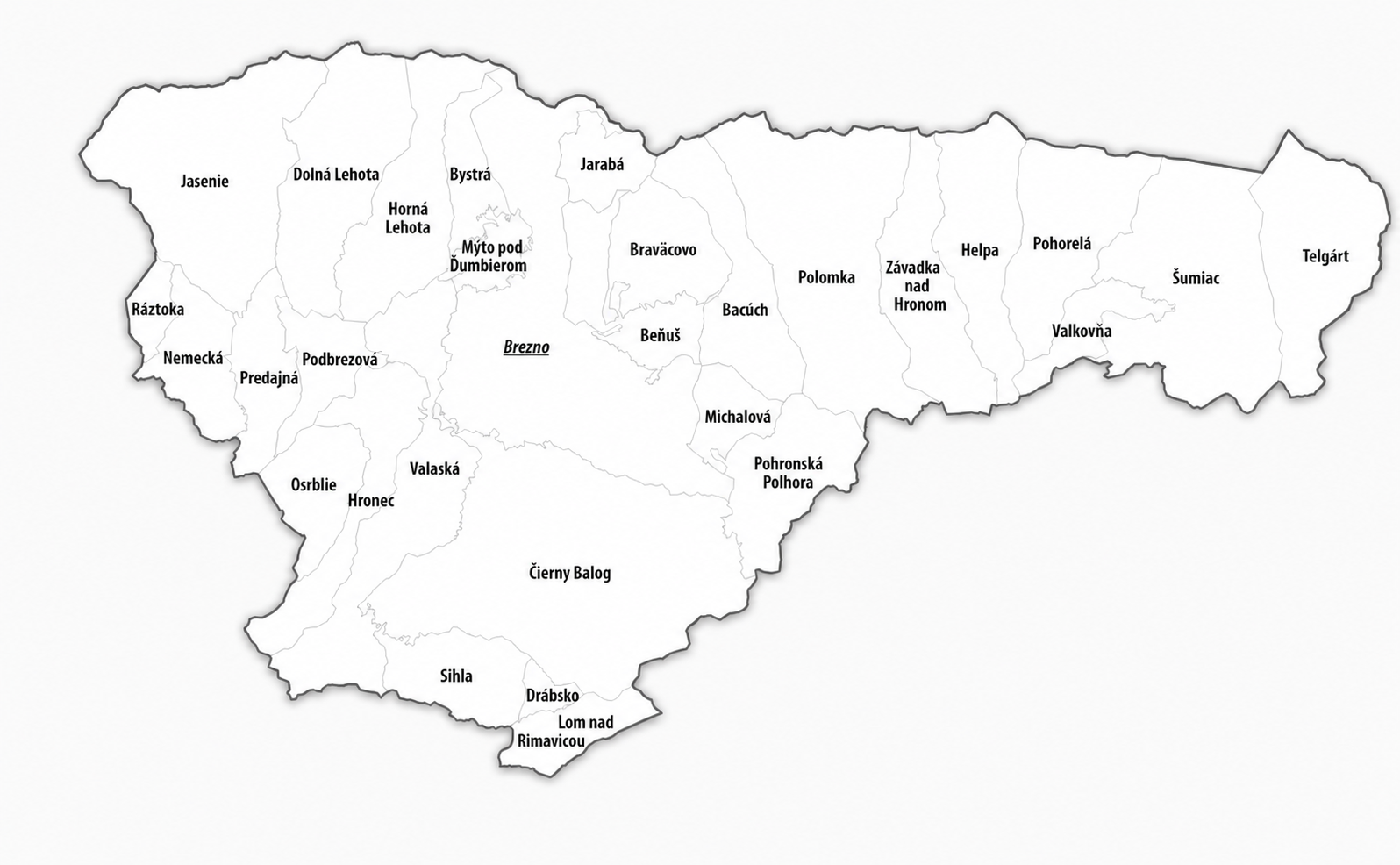 Mapa okresu Brezno orezaná presne po jeho hranici so všetkými obcami